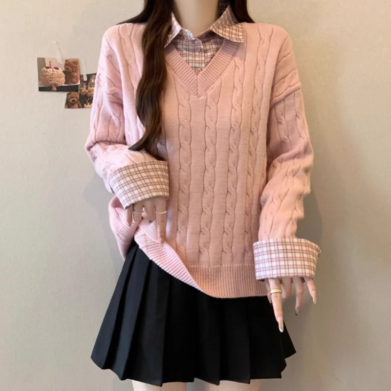 

Women's Pink Cable Knit V-neck Sweater Plaid Shirt Collar Layered Oversized Long Sleeve Casual Loose Pullover Top