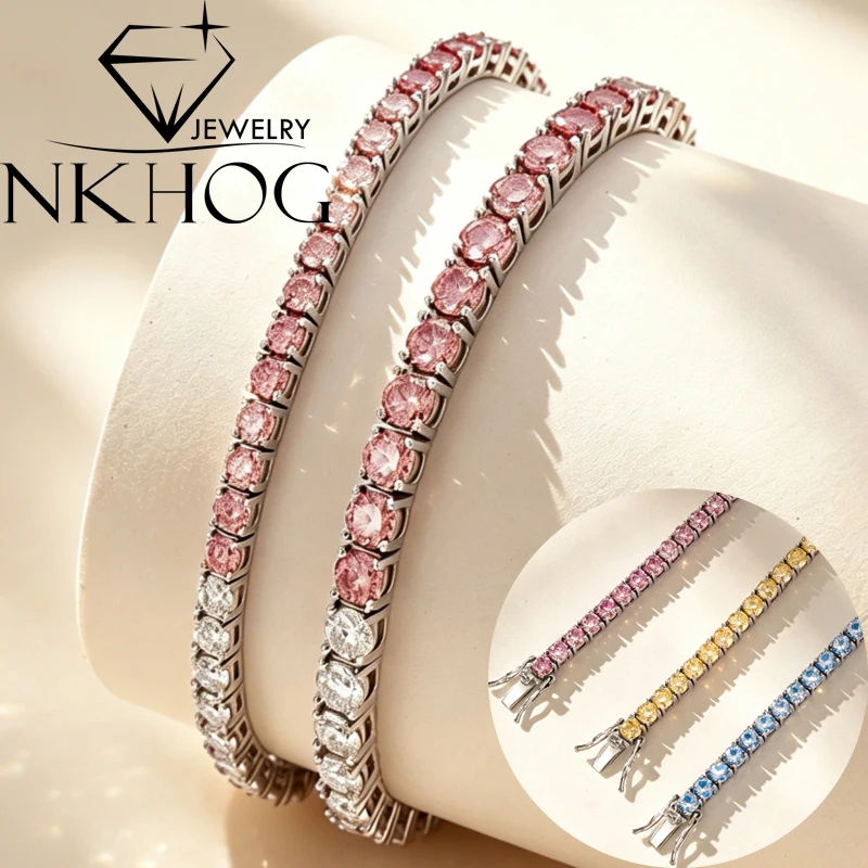 NKHOG Pink Gradient Full Moissanite Tennis Bracelet For Women 3mm 4mm 925 Sterling Silver Link Bracelets Wedding Fine Jewelry