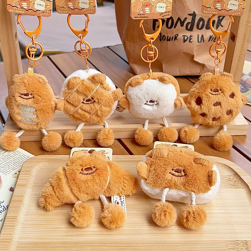 

Cute Mini Bear Bread Plush Keychain 8CM Fluffy Toast Croissant Bag Charm Pendant with Pull Legs for Girls Women Kids Gift
