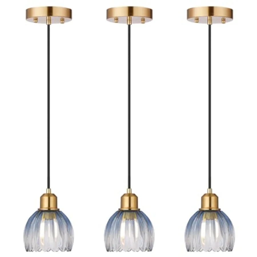 

Pendant Light 3 Pack with Blue Tulip Glass Lmapshade Brass Vintage Pendant Light Adjustable Hanging Light for Kitchen Island Be