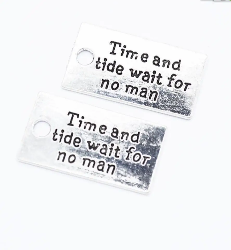 8pcs 28*16mm Silver Color Lettering Time And Tide Wait For No Man Charms Pendant Fit Jewelry Neacklace Key Chains F0858