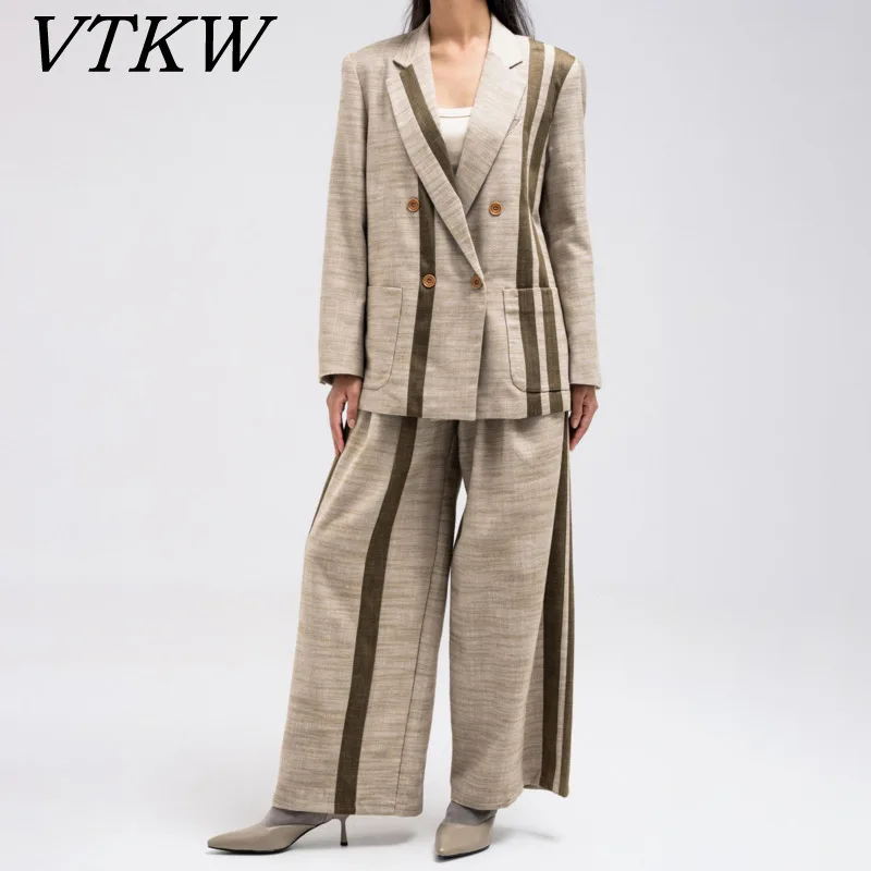 

VTKW 2026 New Women Two Piece Suit Set Double Breasted Blazer Contrast Stripe Pocketed Long Sleeve Wide Leg Trousers Outfit