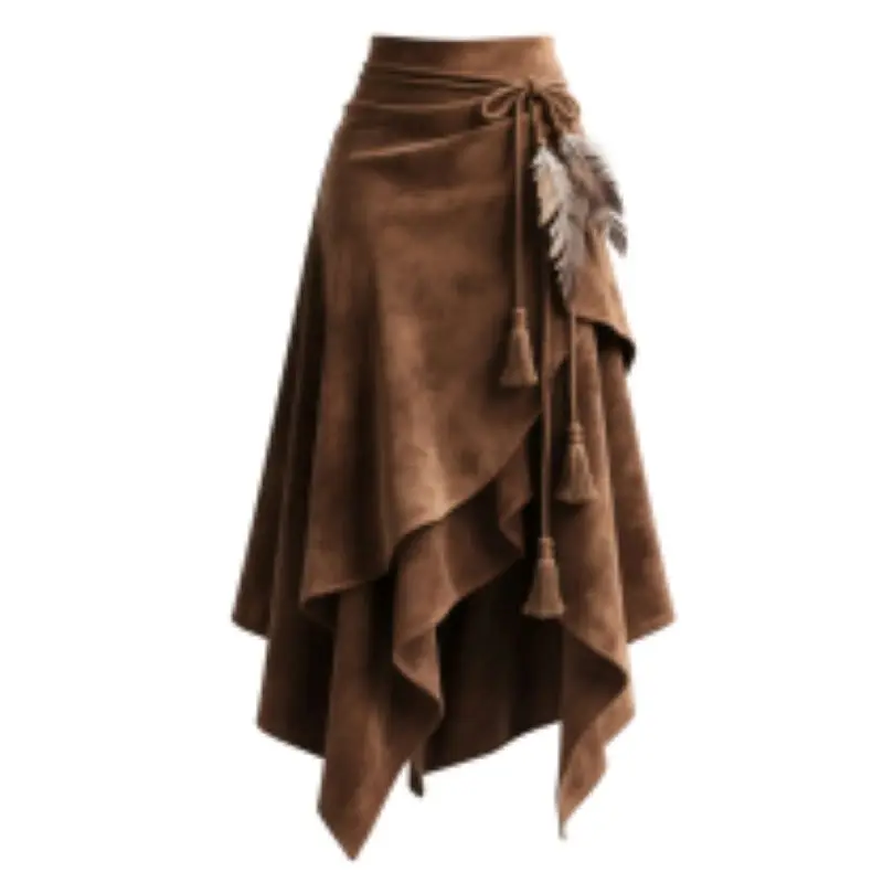 Retro Western Style Irregular Design Suede Skirt