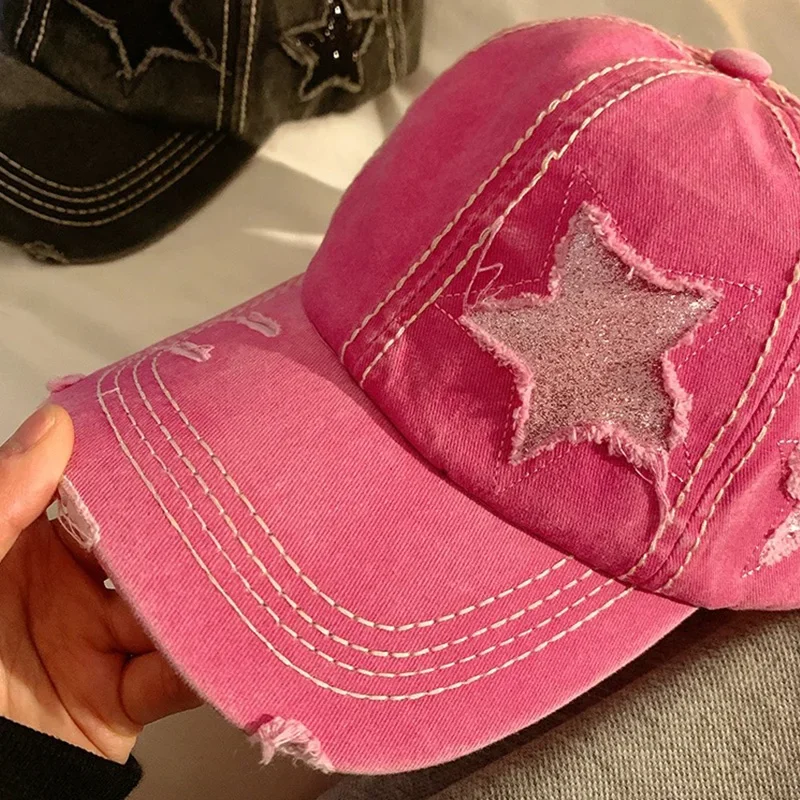 Retro Star Washed Denim Hole Baseball Cap Y2K Sun Hat For Women Men Cotton Ponytail Caps Fashion Hip Hop Snapback Hats Gorros