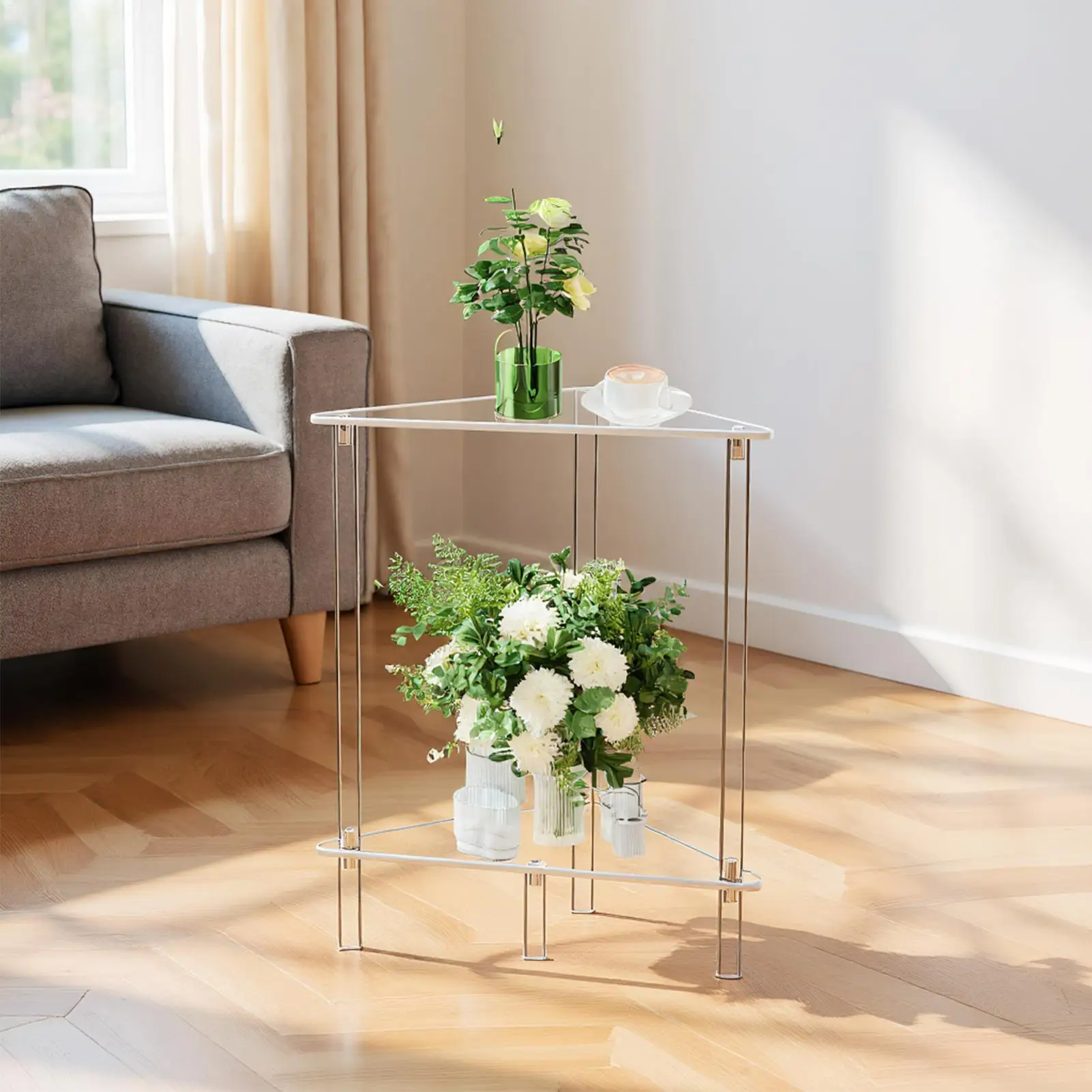 

Acrylic Drink Table Bedroom Clear Side Table 2-Tier Modern Triangle Small Spaces Storage Desk Decorative Acrylic Nightstand