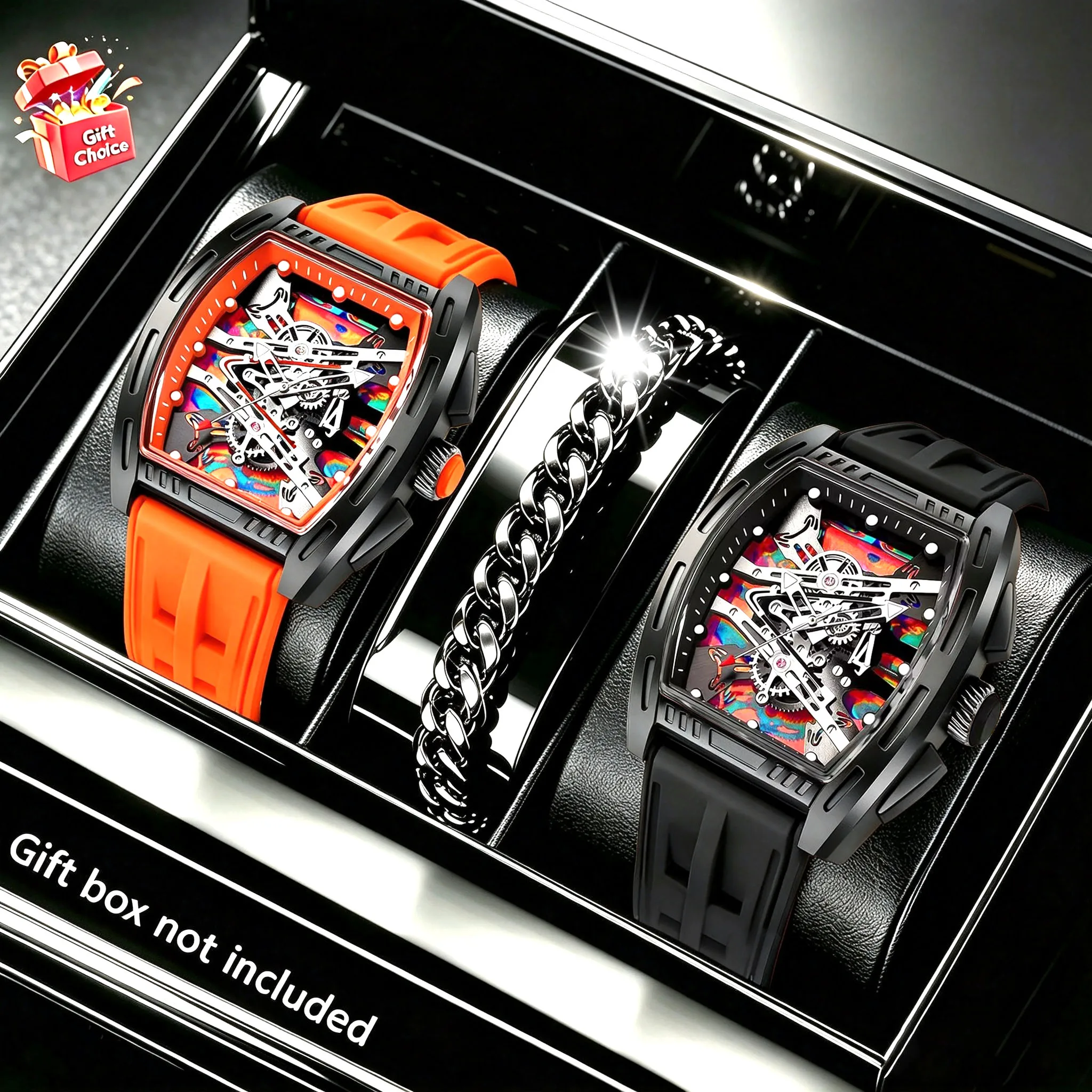 3-Piece Set of Two-Tone Barrel-Shaped Men's Skeleton Watches + 1 Bracelet, Casual Business Silicone Strap Wristwatch, Trendy Mechanical Style Sports Men's Watch