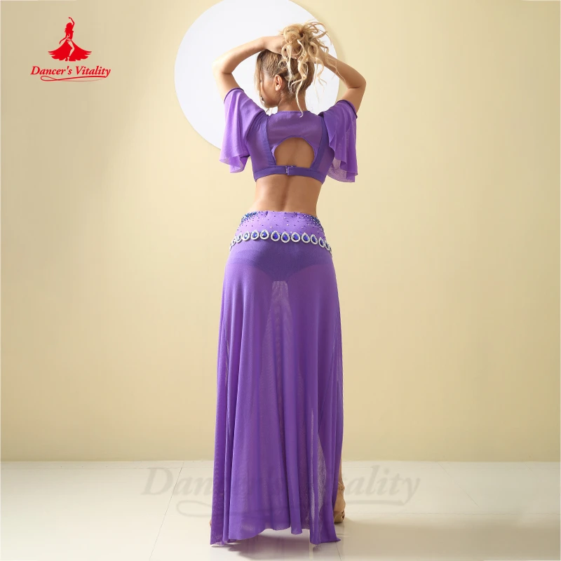 Belly Dance Performance Costume Suit Gauze Long Sleeves Top+bra+split Long Skirt 3pcs for Women Oriental Belly Dancing Set