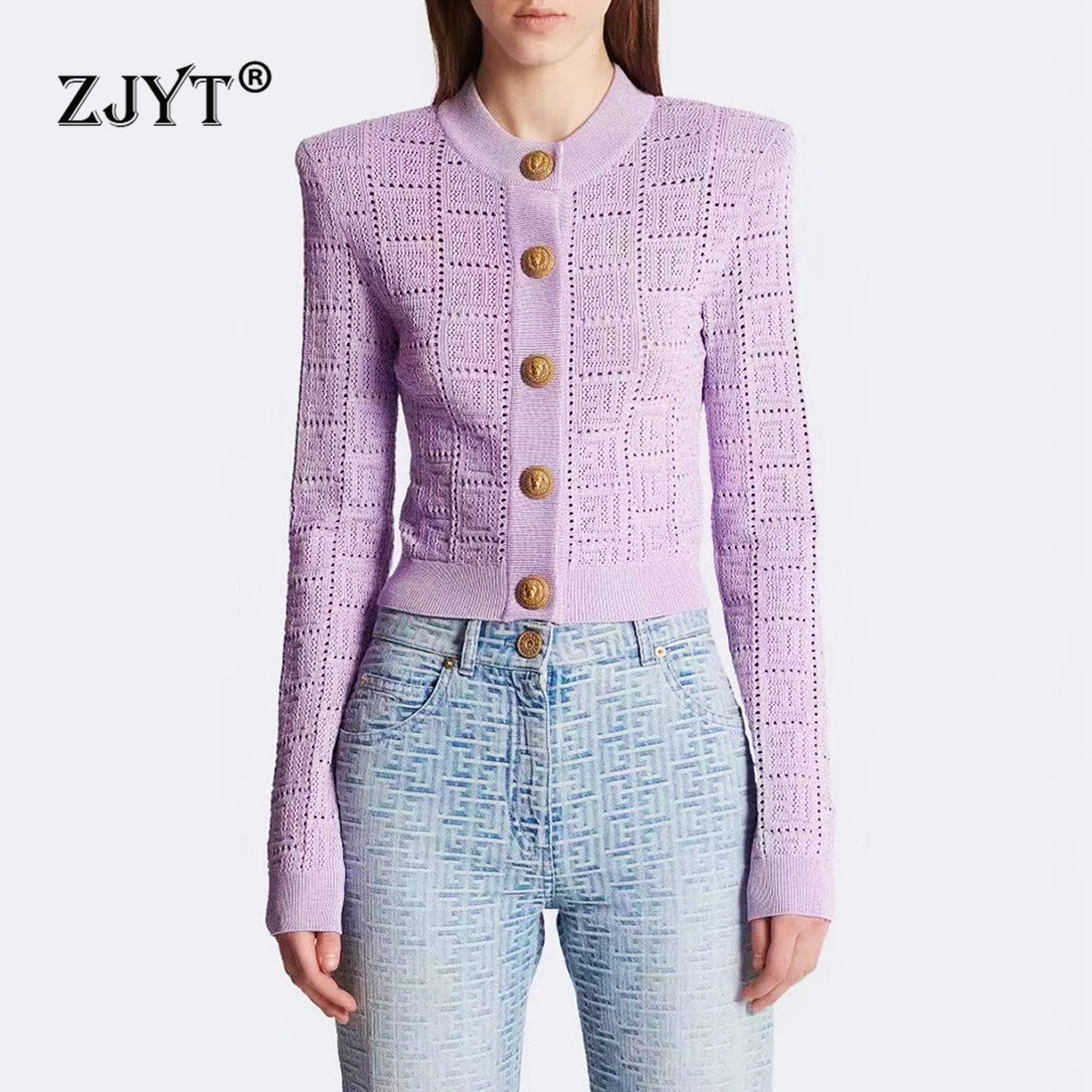 ZJYT واحدة الصدر س الرقبة سترة مشغولة من الصوف القمم للنساء طويلة الأكمام البلوزات الخريف تريكو جيرسي موضة الملابس النسائية