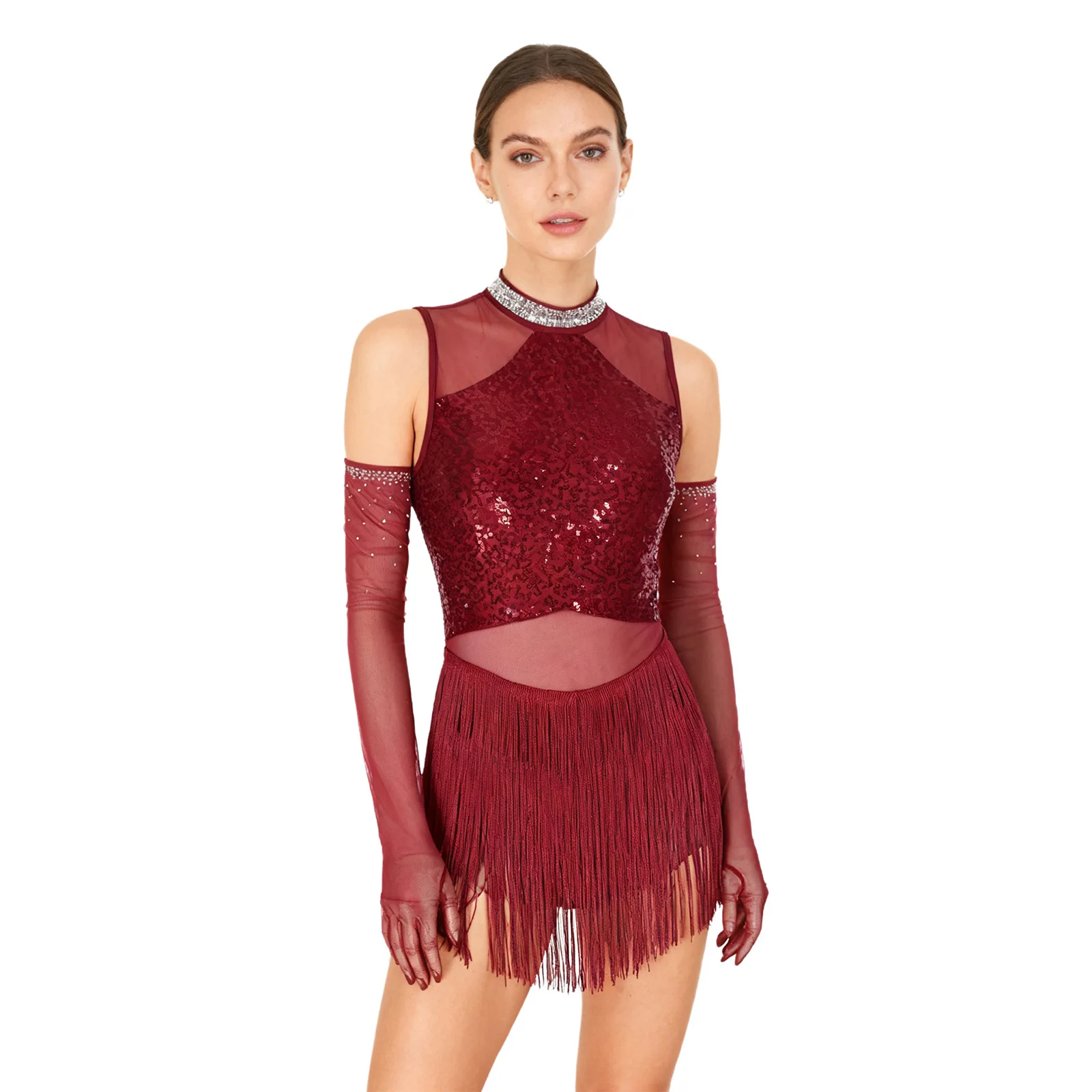 

Womens Latin Tango Rumba Cha-Cha Samba Performance Costume Glittery Rhinestone Patchwork Fringe Sequin Dance Dress with 1 Gloves