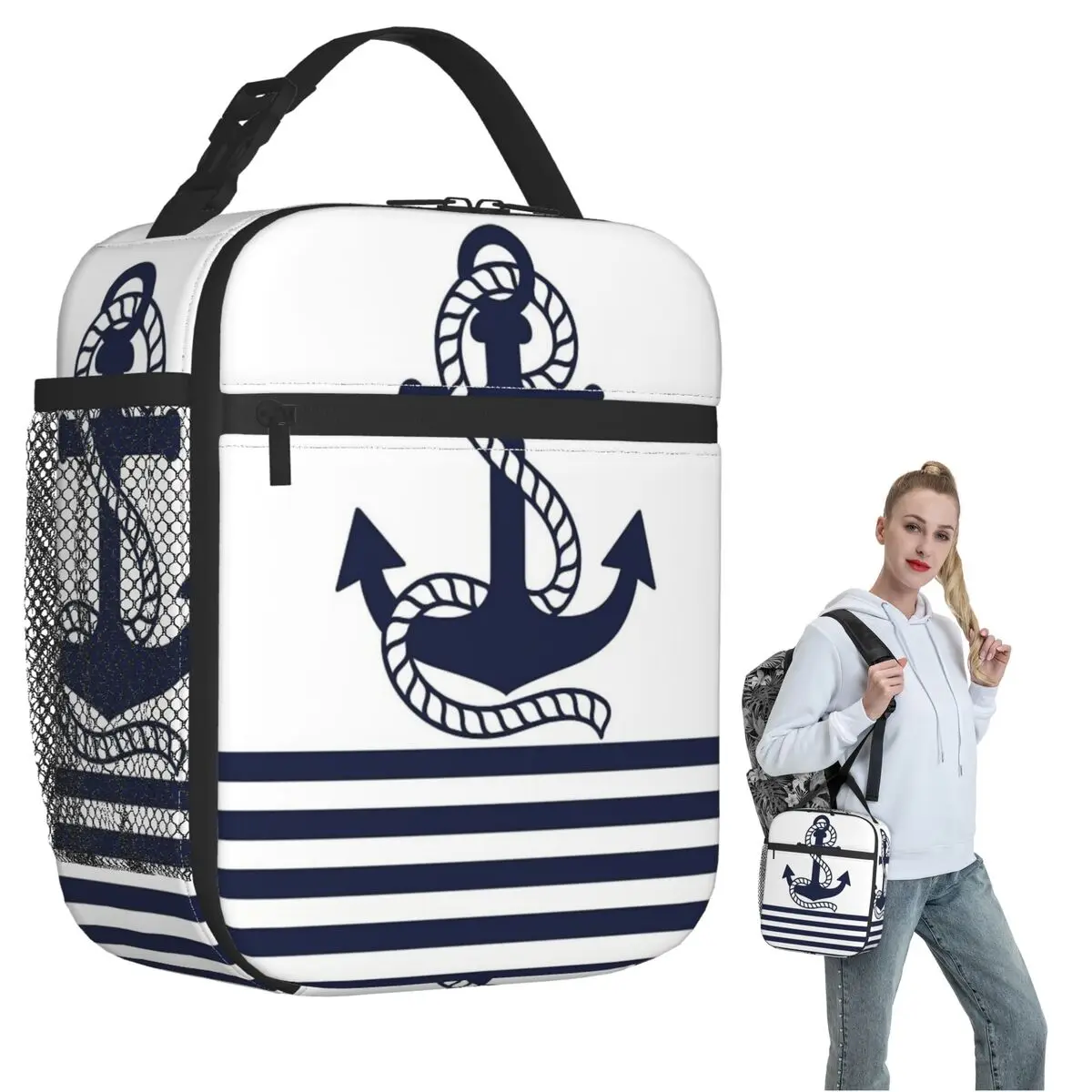Nautical Navy Blue Stripes And Blue Anchor Insulated Lunch Bag for Women Kids Portable Food Boxes Thermal Lunch Box Tote