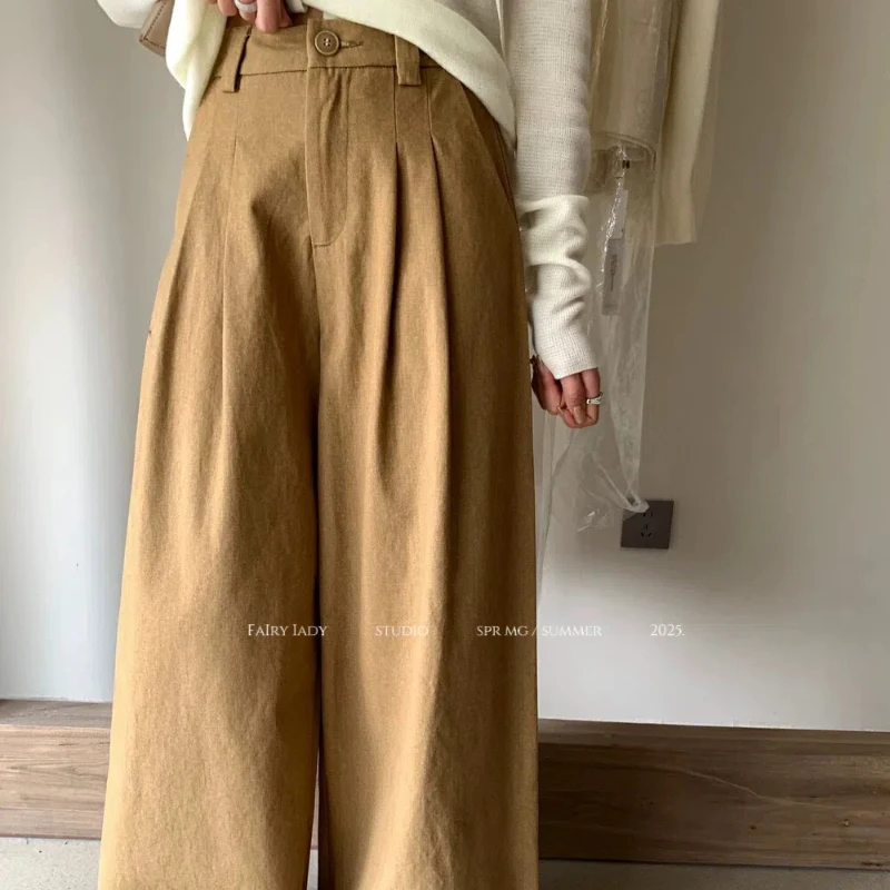 Korean 2025 New Spring Summer Pleated Women Pants High Khaki Temperament Fashion Button Patchwork Pockets Wide Leg Trousers