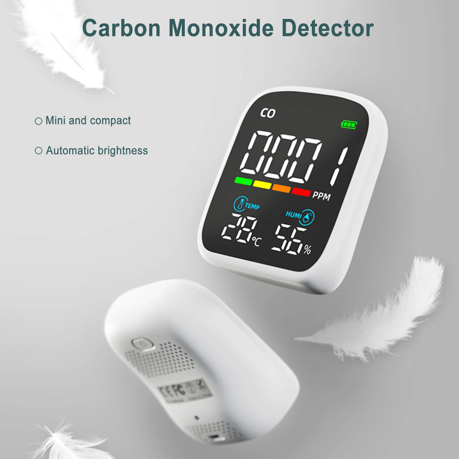 Portable CO Monitor 3 In 1 Carbon Monoxide Temperature and Humidity Detector Air Quality Meter for Home/Outdoor Camping/Garage