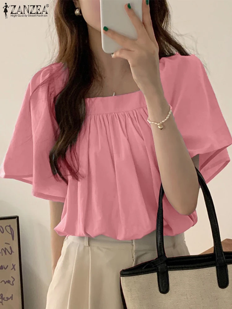 

ZANZEA Woman Korean Fashion Blouses Summer Elegant Square Neck Short Flared Sleeve A-line Blusas Mujer Casual Sweet Solid Tops