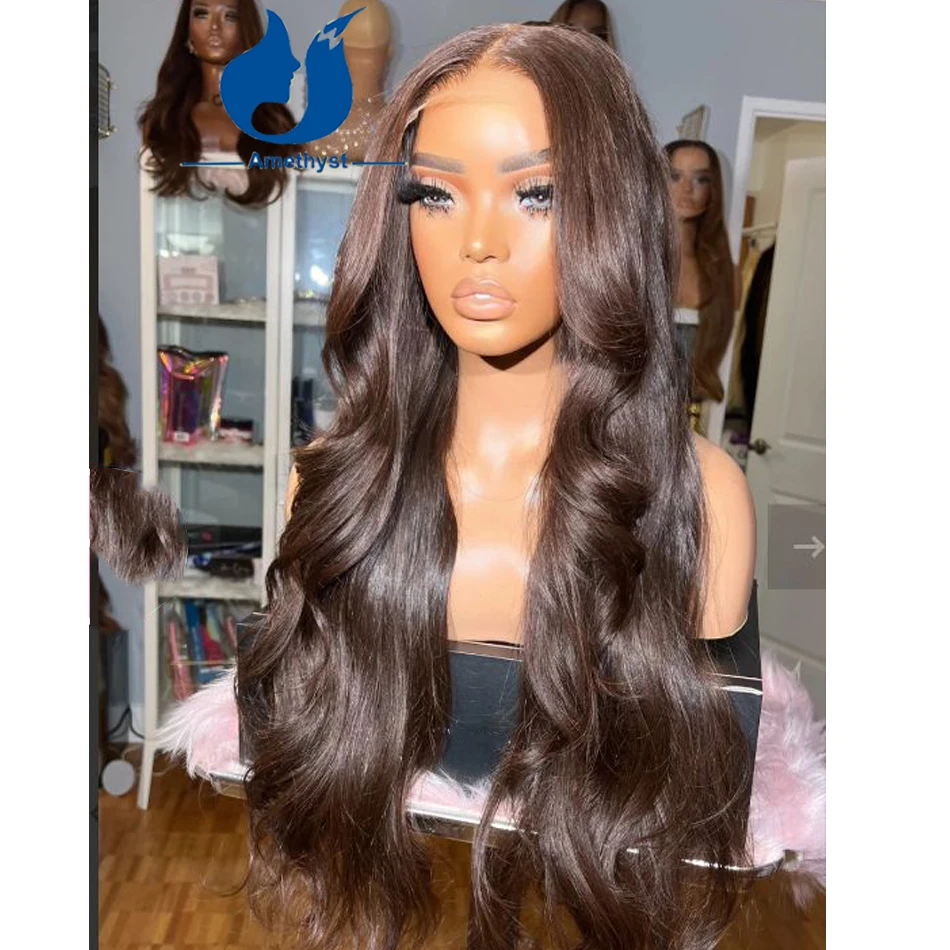 Amethyst 180% Wig rambut manusia kastanye coklat untuk wanita Brasil 13x4 Wig renda depan bagian tengah simpul diputihkan bergelombang dengan lapisan