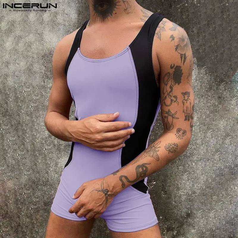 

INCERUN 2024 Sexy Style New Mens Homewear Jumpsuits Fashion Contrast Color Rompers Casual Personality Sleeveless Bodysuits S-5XL