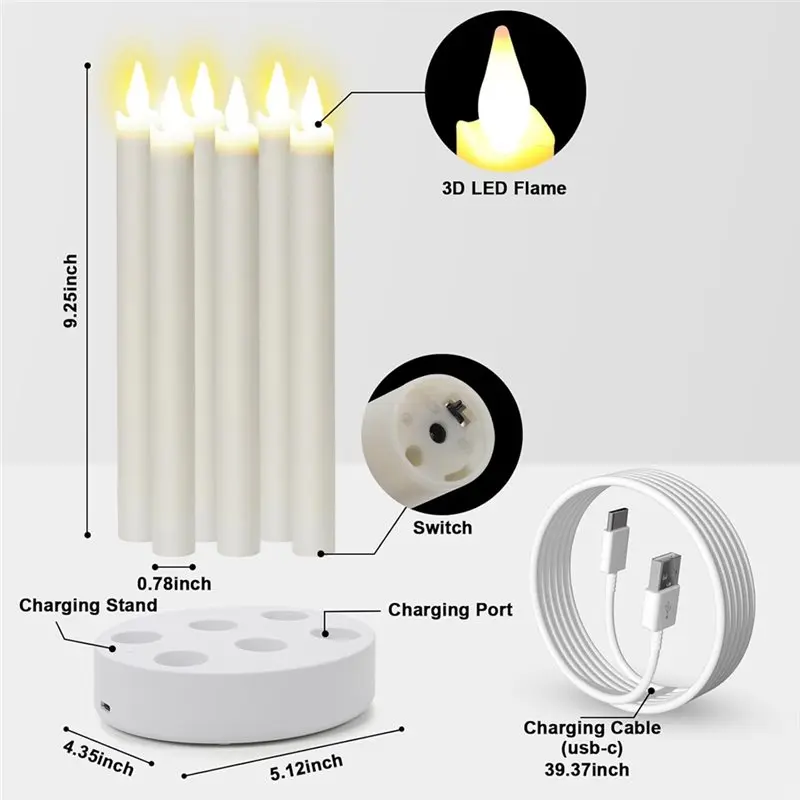 【CHRISTMAS 】Charging Station Included Rechargeable Flameless Taper Candles 6 Pcs LED Flickering Candles With Remote Timer