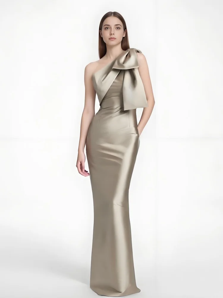 

Beshinel Customized One Shoulder Bow Sleeveless Satin Evening Dress Elegant Luxury Split Sleeveless Cocktail Party Dresses