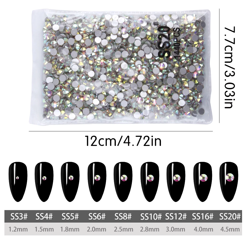 SS3-SS20 1440pcs Crystal Nail Art Rhinestones Clear AB 3D Nail Diamonds Non HotFix FlatBack Nail Gems Stones And Decorations