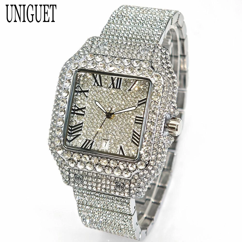 

Лидер продаж, модные часы со льдом для женщин, роскошные стальные квадратные наручные часы, женские элегантные блестящие ювелирные часы с бриллиантами для девочек 2025