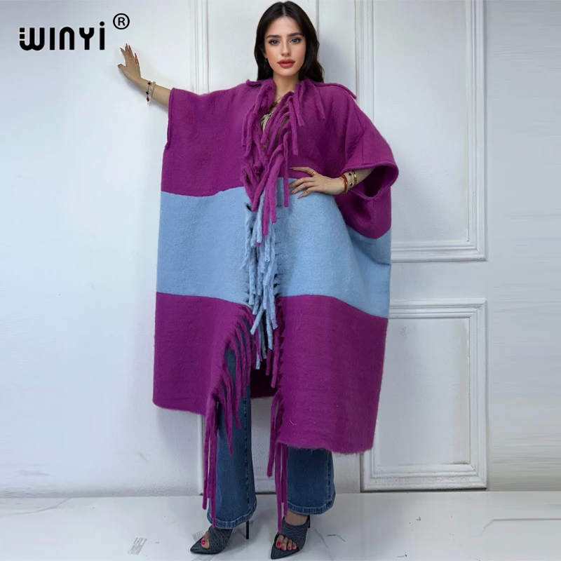 WINYI Catwalk model winter coat dress for women Africa tassels Luxury Long Fur Loose OverCoat Thick Warm long down coat