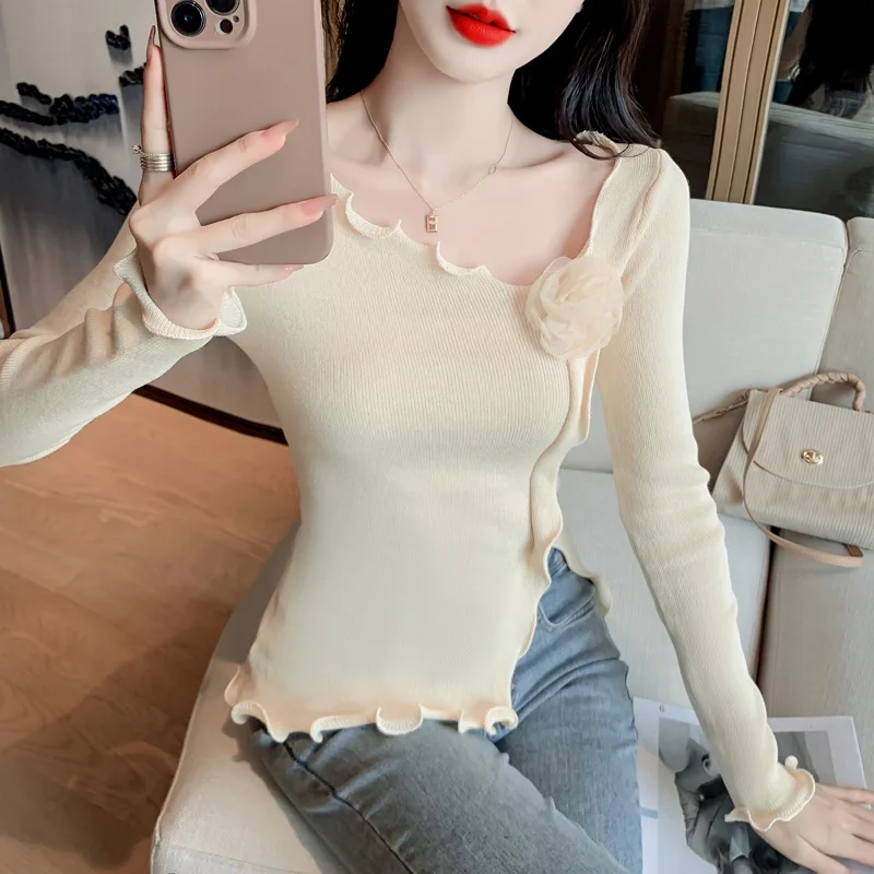 Autumn New Wood Ear Edge Flower Decor Slim Fit Knitwear Casual Slim and Versatile Bottom Knitting Pure Desire Gentle Style Top