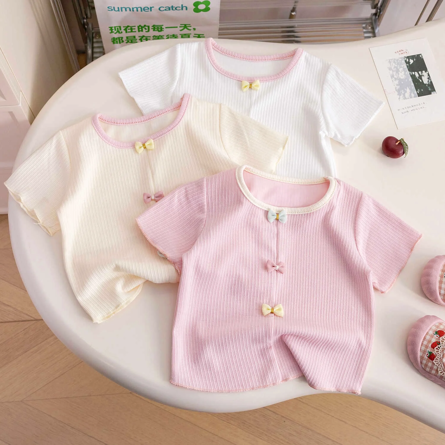 

Sweet Baby Girls Short Sleeve Tshirt Summer Bow Solid Color Thin Tees Korean Style Casual Kids Girls Tops 1-6Y