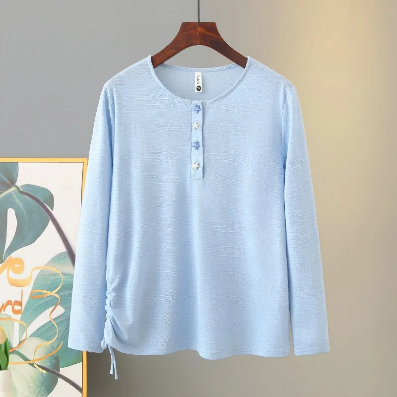 Women Round Neck Long Sleeve T Shirt Early Autumn Side Drawstring Waist Slim Hide Belly Casual Base Top