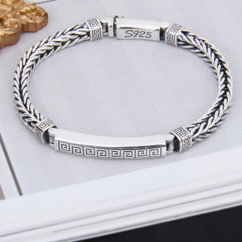 S925 pulseira de prata esterlina, padrão de palavra traseira, tecidos à mão, massa frita, torção, alto nível, temperamento moda