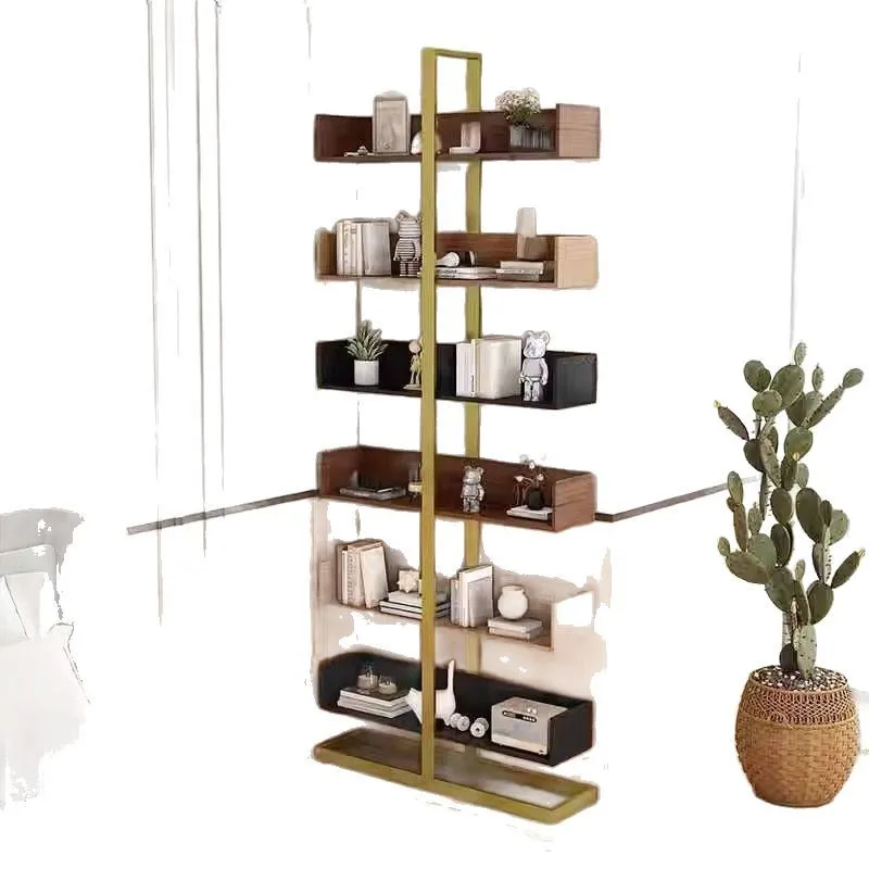 

Light luxury wrought iron solid wood bookshelf Floor shelf Living room multi-layer storage shelf Household