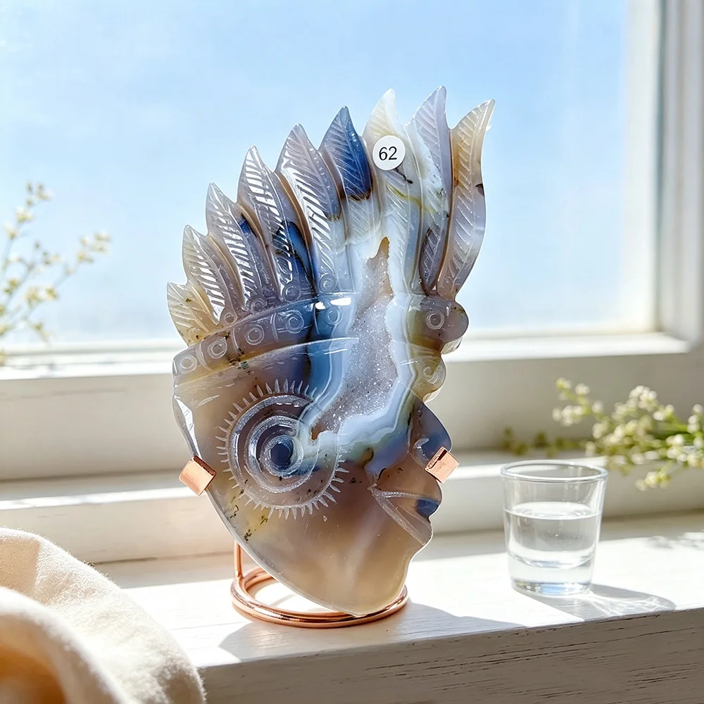 Natural Druzy Agate Carving Indian Style Head Sculpture Healing Crystal Ornament Home Decor Gift With Stand