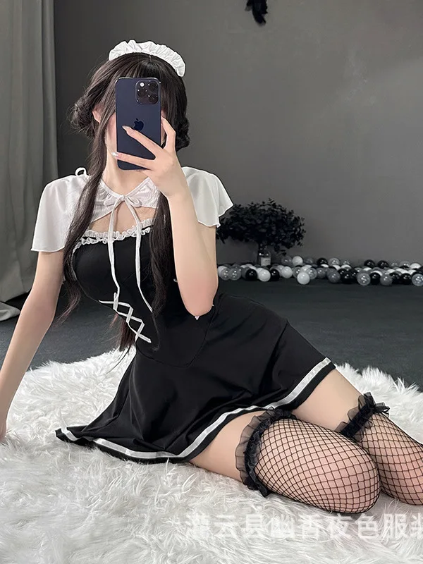 

New Style Sheer Charm Bowknot Sweet Cute Erotic Nightclub A LINE Small Chest Sexy Maid Uniform Dress Romantic Slim Thin 1I1A