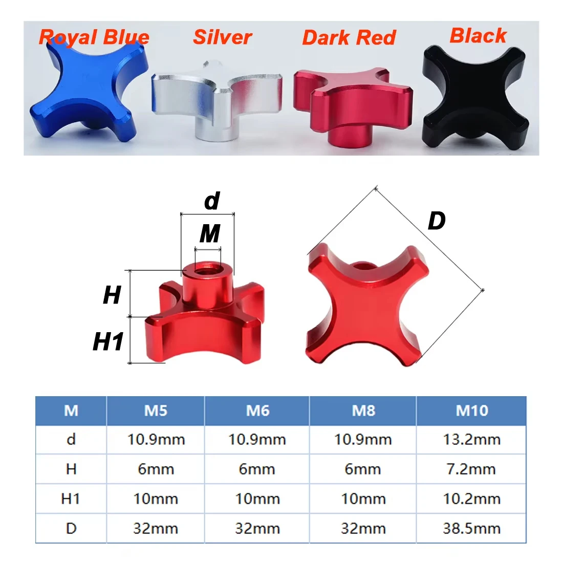 M5 M6 M8 M10 Aluminum 4 Star Hand Tighten Nuts Blind Hole Clamping Knob Thumb Nuts Black/Silver/Dark Red/Royal Blue