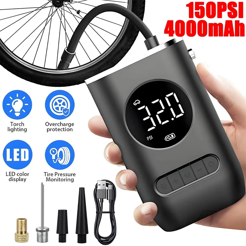Wireless Portable Air Pump 150PSI Mini Tire Inflator with Rechargeable Battery for Emergency Use on Cars Motorcycles and Bicycle