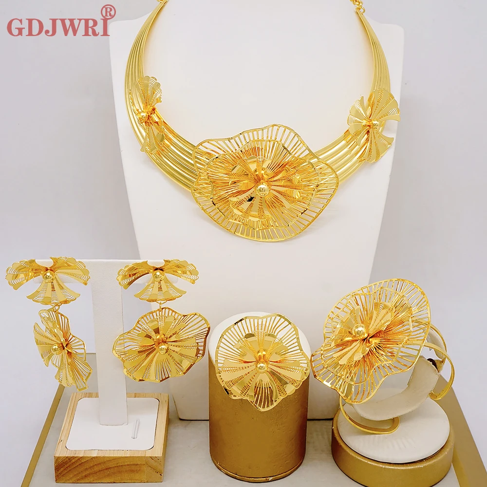 Dubai Gold Color Big Flower Charms Necklace Earrings Bracelet Ring Jewelry Set For Women Brazilian Bride Jewellery Party Gift