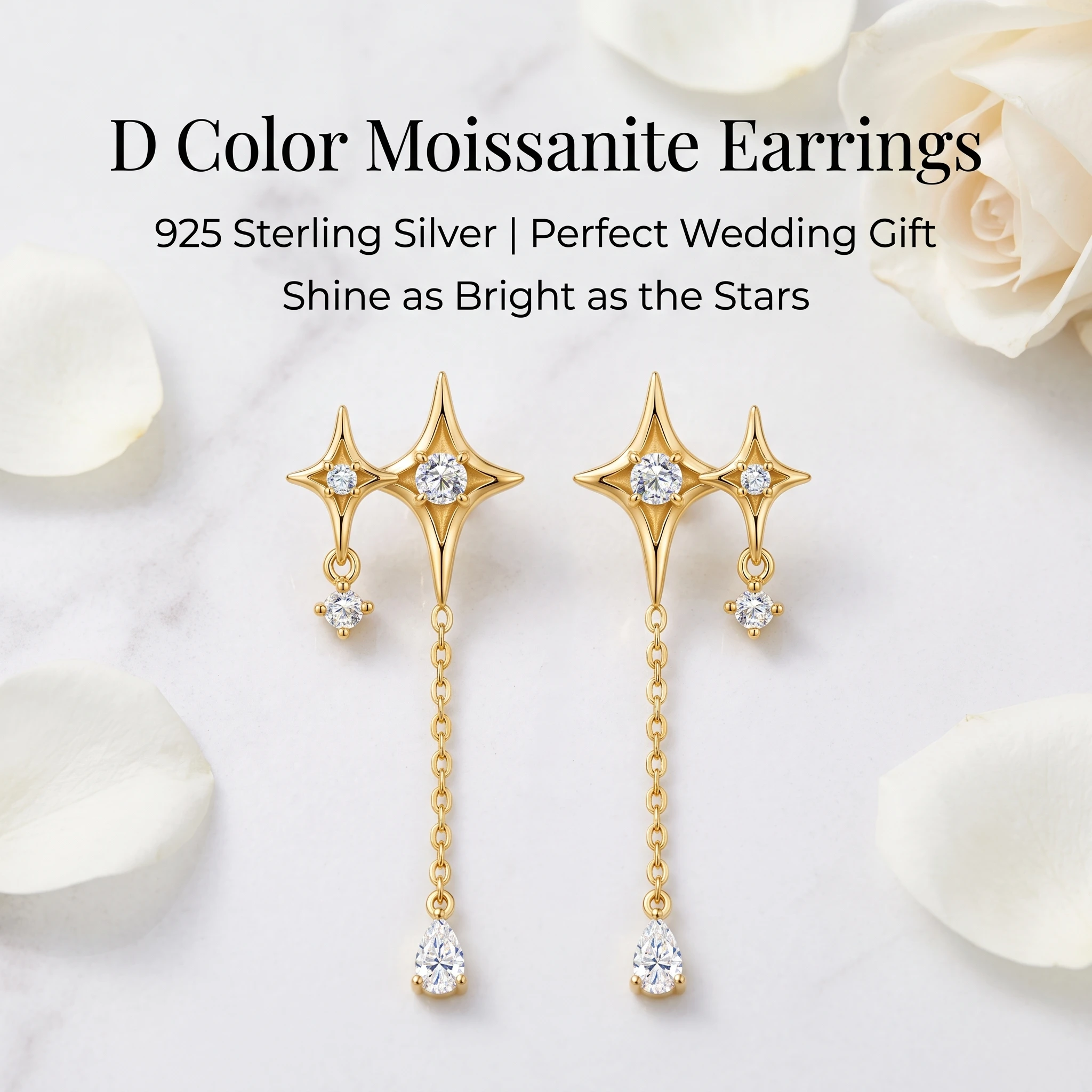 D Color VVS1 Moissanite Four Pointed Star Long Tassel Drop Earrings For Women 14K Gold Plated 925 Sterling Silver Pear Cut Dangl