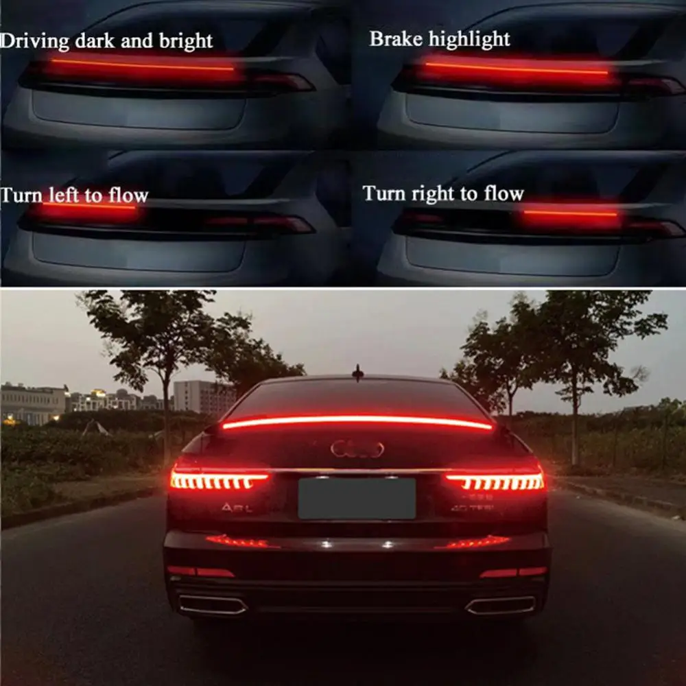 130cm 51 Inch Car Carbon Rear Spoiler Sticker Led Strip Brake Light Turn Signal Lamp Flowing Waterproof Red Dream Color