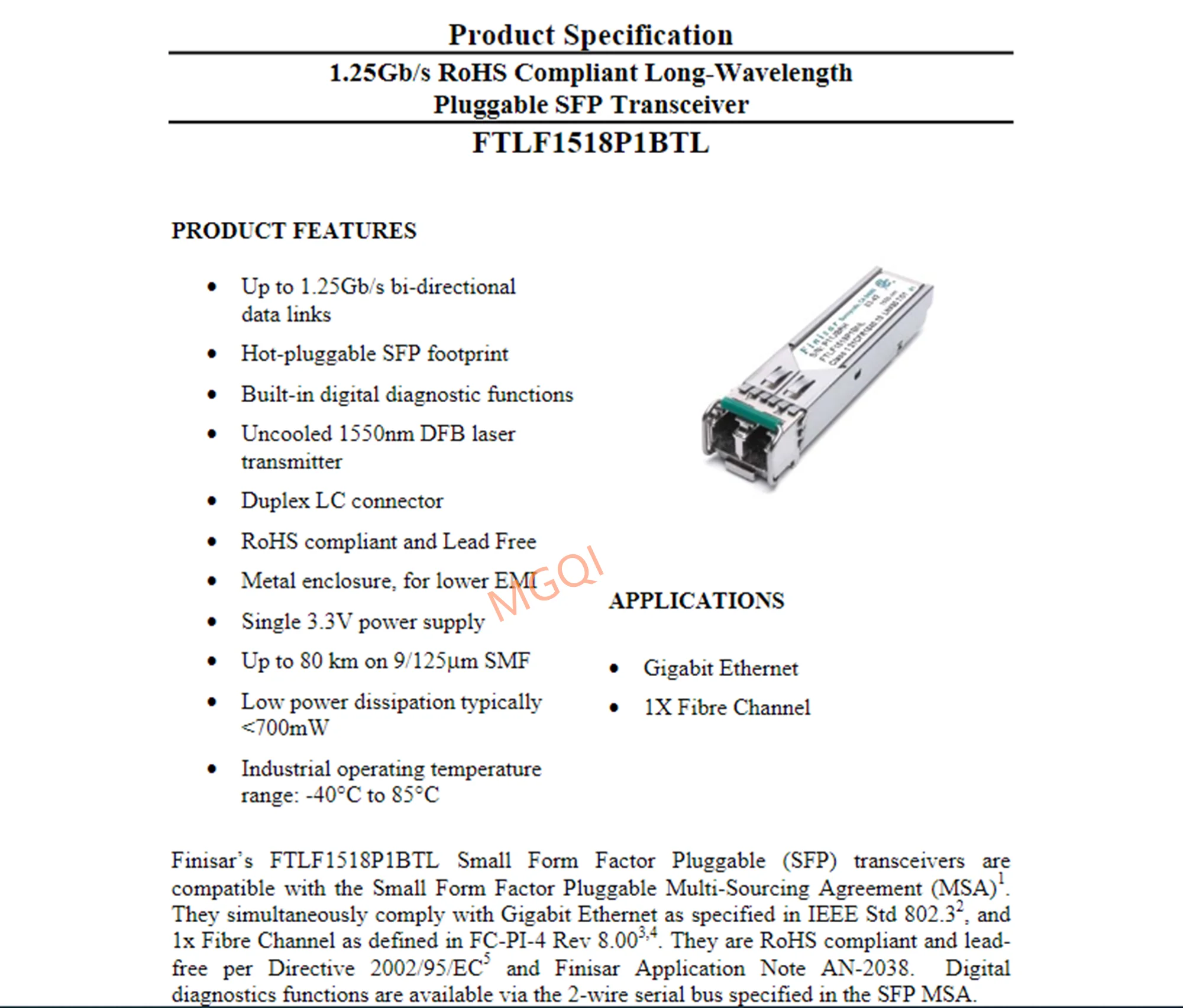 Finisar 1,25g 80km 1550nm sfp ftlf1518p1btl 1,25 gb sfp faser transceiver netzwerk adapter allgemeines modul