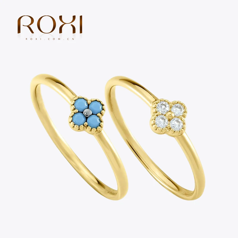 ROXI 925 Sterling Silver Simple Finger Rings For Women Petals Zircon Turquoise Ladies Wedding Engagement Ring Size 6/7/8 Anillo