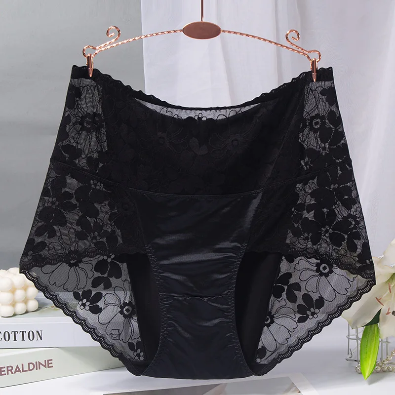 BS70 Sexy Intimates High Waist Silk Women Panties Transparent Flower Lace Satin Briefs Seamless Female Underwear Plus Size 3XL