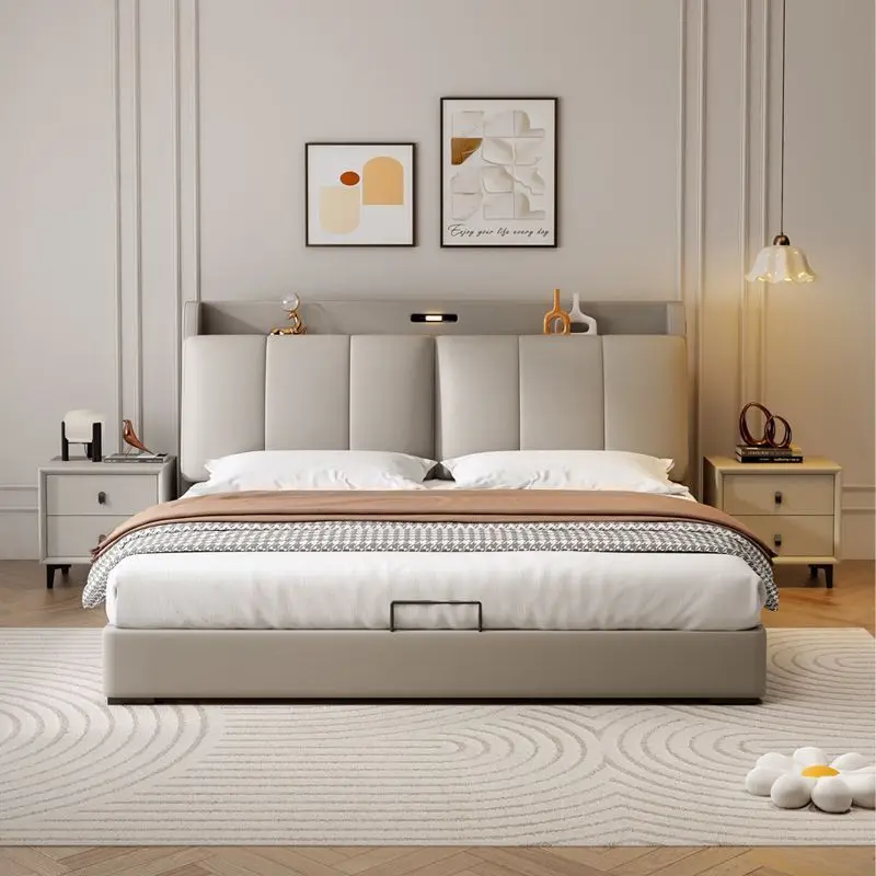 

Современная кожаная кровать King-size кремового цвета с выдвижными ящиками, мягкая обивка, мебель для главной спальни, напрямую от производителя