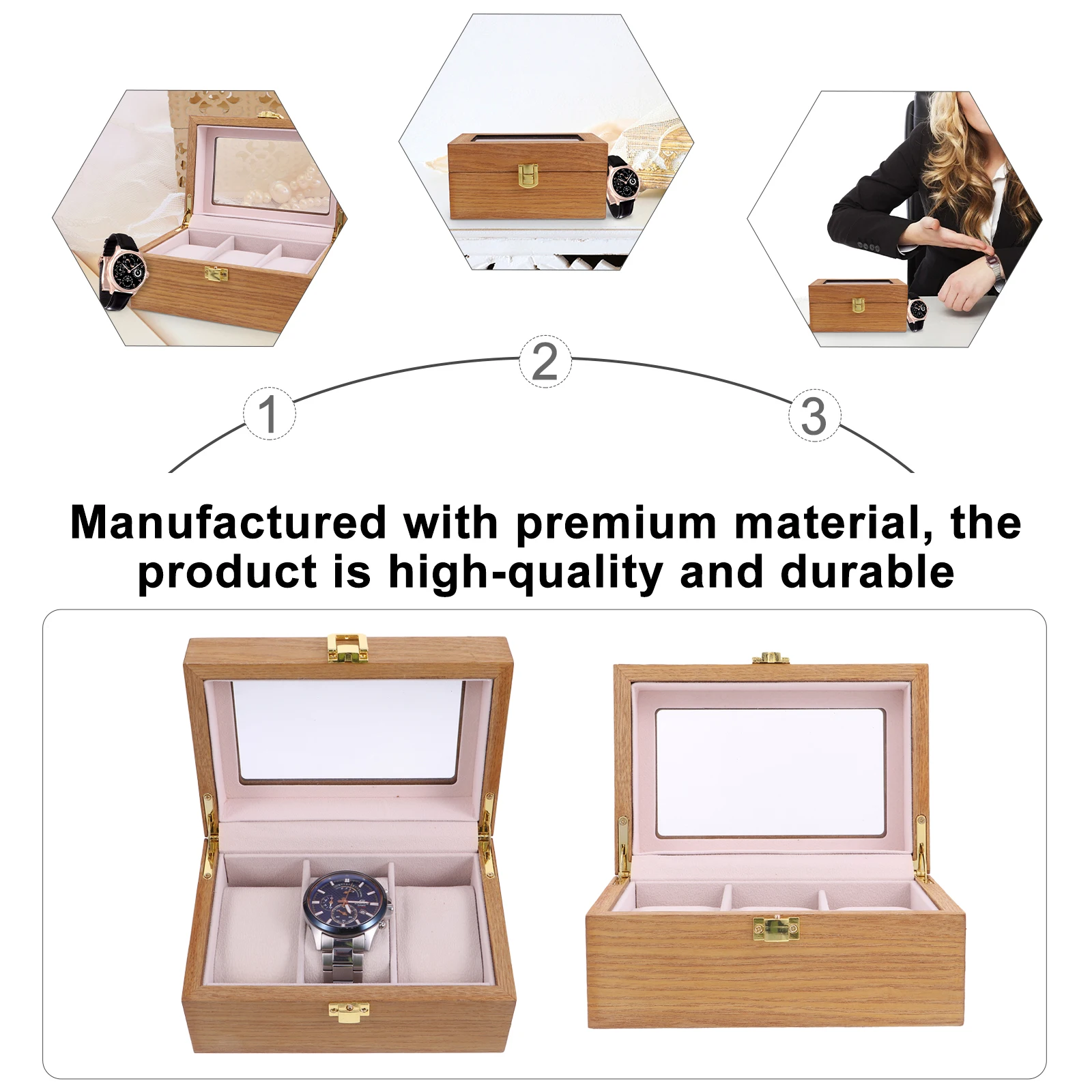 

3pcs Wooden Watch Box Display Storage Case Glass Window Smooth Premium Quality Gift for Friends Wristwatch