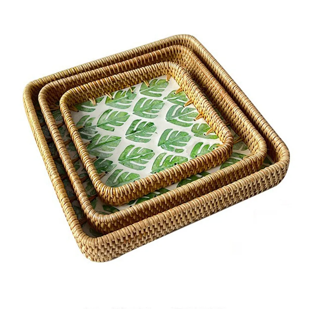 3Pcs Plant fiber Serving Tray Flat Tray Breathable Structure Storage Basket Woven Texture Sturdy Catchall Organizer