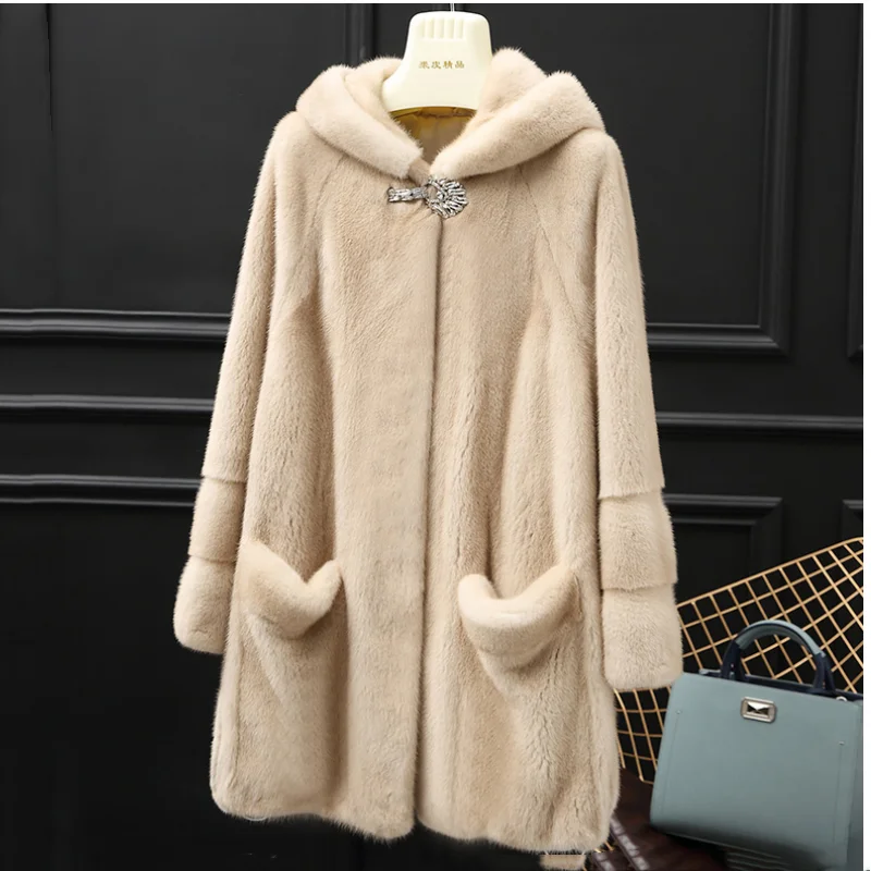 2024 New Copenhagen Mink Whole Fur Women Long Coat With Hood 100% Natural Mink Fur Winter Thick Warm Female Jacket