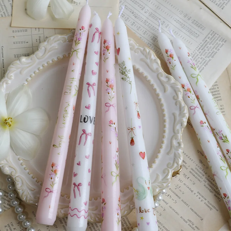 2p 10-inch 25cm Long Stick Printed Candle, Cute Pink Heart-shaped Long Stick Smokeless Wax, Restaurant Table Decoration