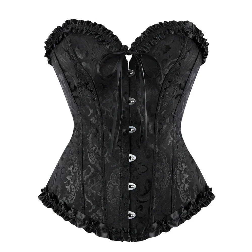 Sweetheart Corset Top for Women Sleeveless Floral Print Black Brocade Overbust Corset with Ruffle Trim Gothic Bustier