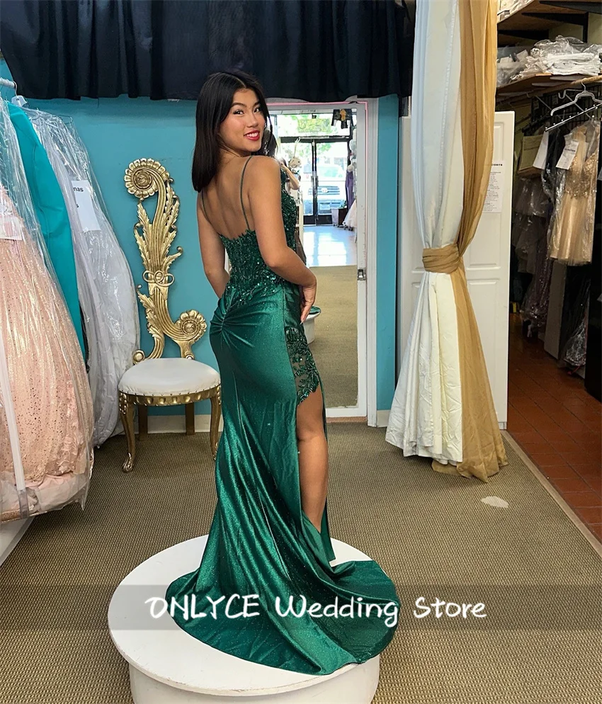 Emerald Green Mermaid Evening Dresses Corset Gown Side Split Beads Crystals Prom Dresses Birthday Party Gown Wedding