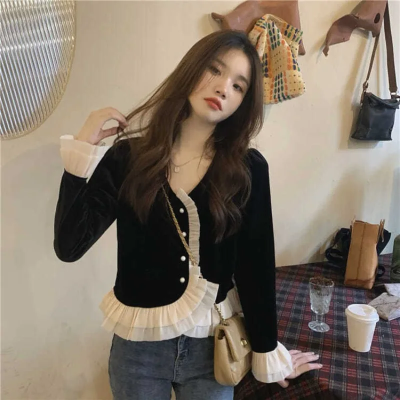 قميص مخملي للفطريات والشجرة الصالحة للأكل للنساء ، كم واسع ، قميص برقبة حرف V ، مناسب للجسم ، تصميم مرقع عتيق ، عصري للسيدات في المكتب ، إنز ، شتوي