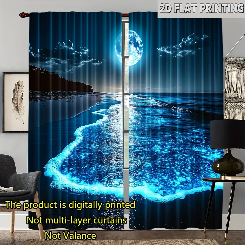 2pcs Fluorescent Beach Night Curtains – Featuring Wave and Moonlight Pattern, Perfect for a Home Beach-Themed Decor