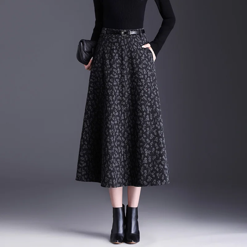 

High Waist Floral Woolen Skirt Women's Autumn Winter New Sle Slimming Midi A-Line Umbrella Skirt Polyester Fiber Korean Sle