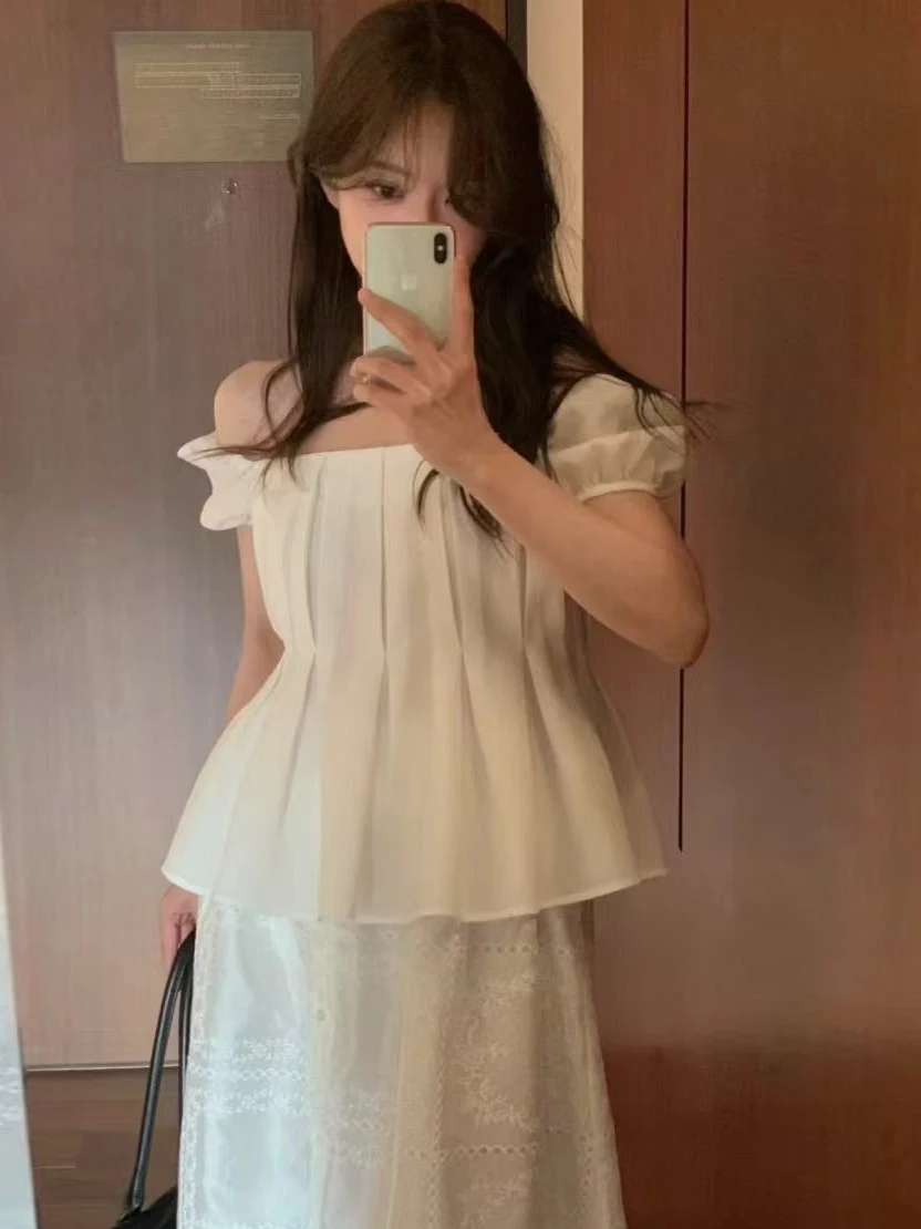 Summer Unique One Shoulder Pleated Square Collar Short Sleeve Women's Shirt Korean Style Fashionable Non-deformable Top
